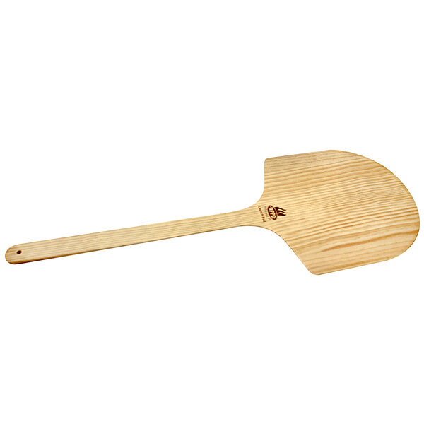 A WPPO wooden pizza peel with a long wooden handle.