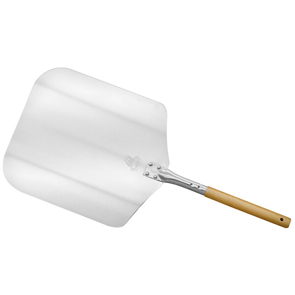 A silver aluminum pizza peel with a wooden handle.