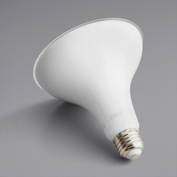 An Eiko dimmable flood LED light bulb with a white surface on a gray background.