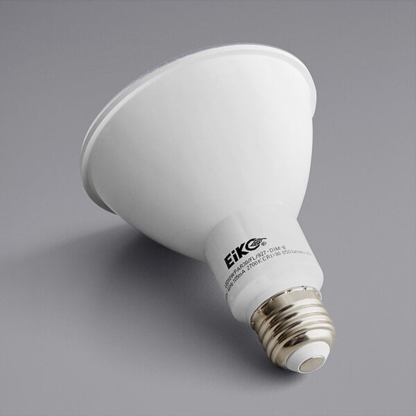 A white Eiko PAR30 LED light bulb with black and silver text on the label.