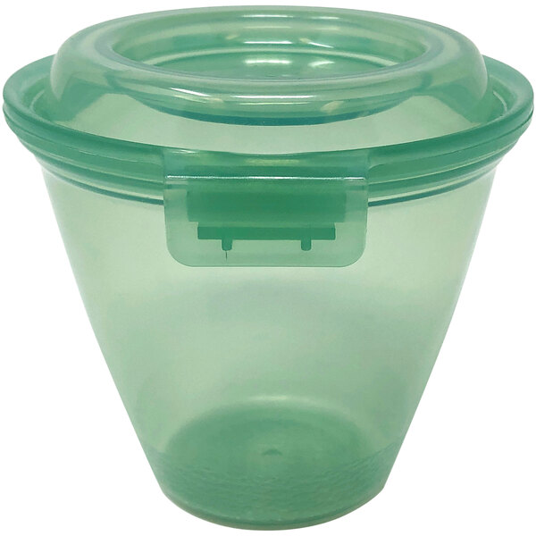 A jade green plastic GET reusable side dish container with a lid.