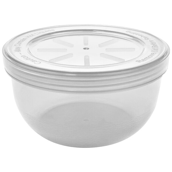 A clear plastic GET reusable soup container with a lid.