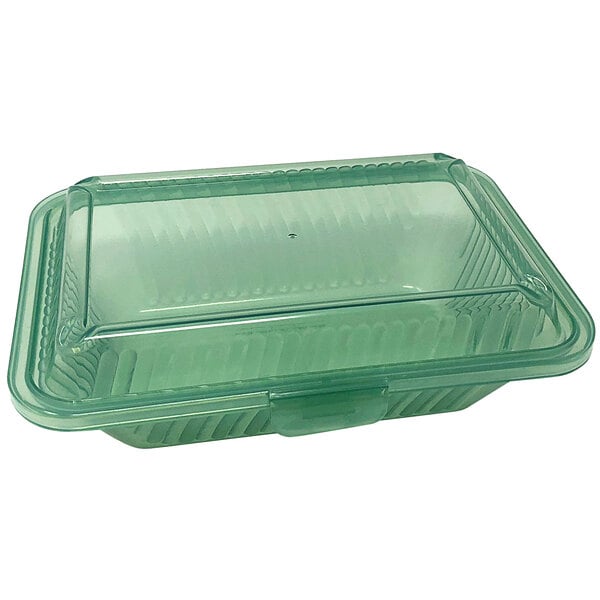 A jade green GET Eco-Takeouts reusable container with a lid.