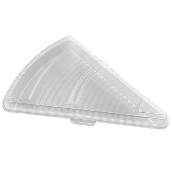 A clear plastic container with a triangular lid.