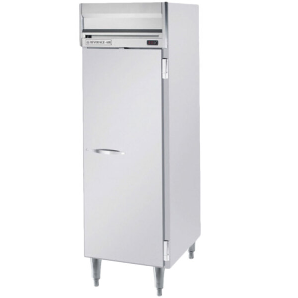 A Beverage-Air stainless steel reach-in freezer with a solid door.