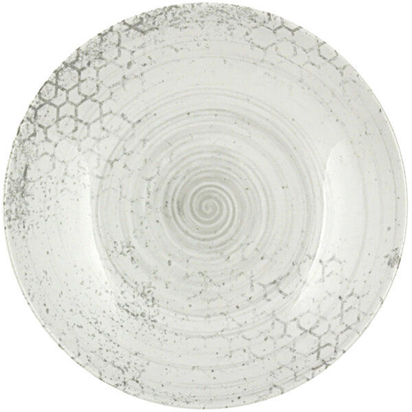 A white Bauscher porcelain coupe plate with a swirly surface.