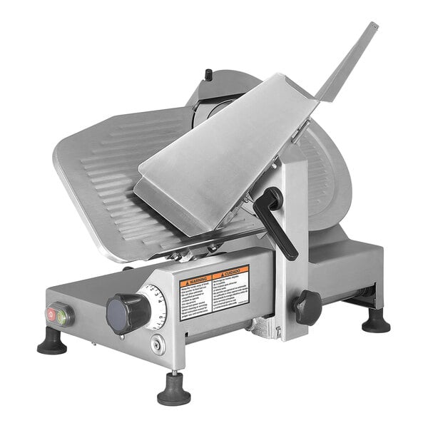 A ProCut meat slicer machine with a metal blade on a stand.