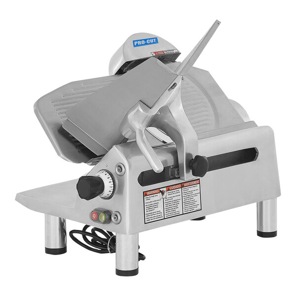 A ProCut meat slicer with a blade on a metal stand.