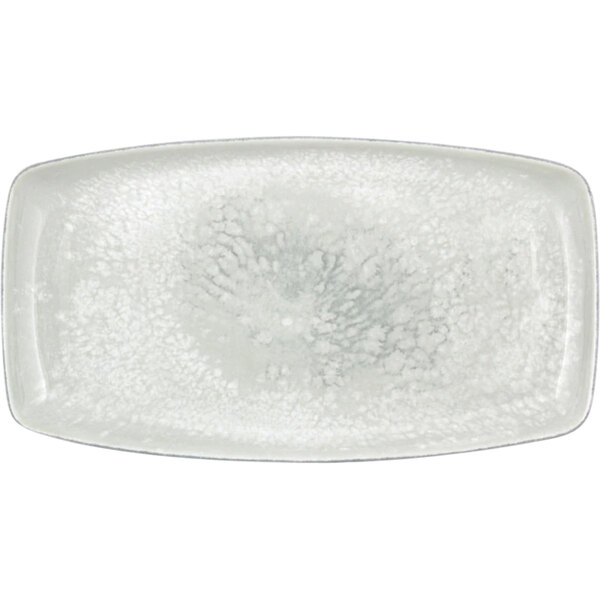 A white rectangular Bauscher porcelain plate with a gray rim.