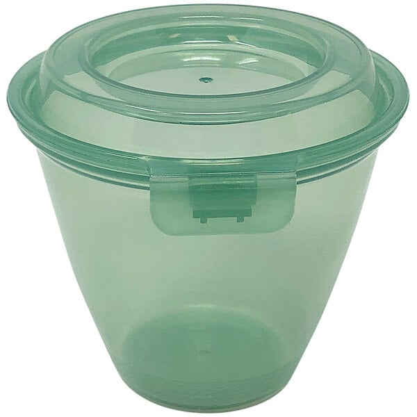 A jade green GET plastic container with a lid.