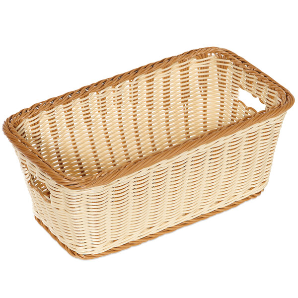 A two-tone rectangular plastic basket with a handle.