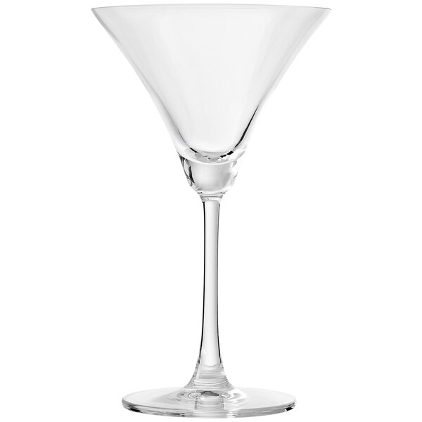 A clear glass martini glass with a stem.