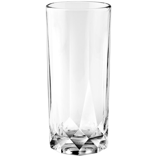 A clear Anchor Hocking long drink glass with diamond cut edges.