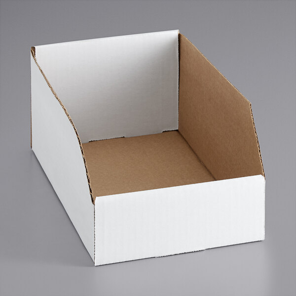 A white open top corrugated bin with brown edges.