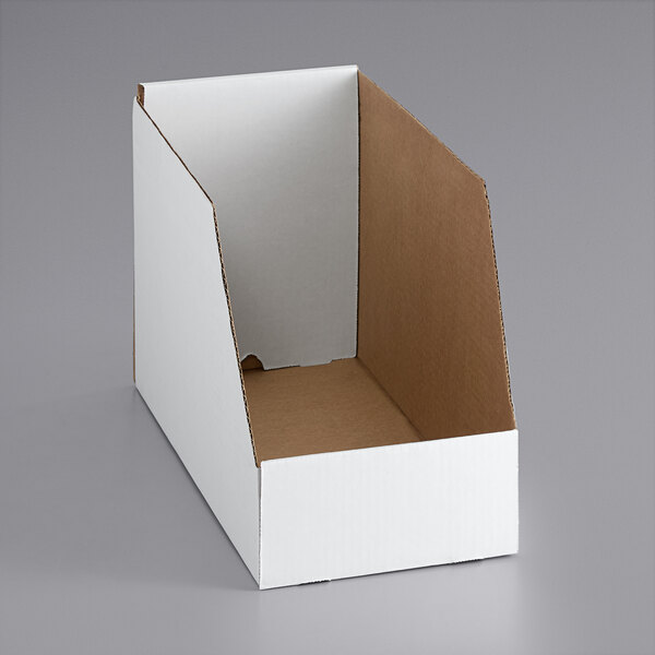 A white cardboard box with brown edges and an open top.