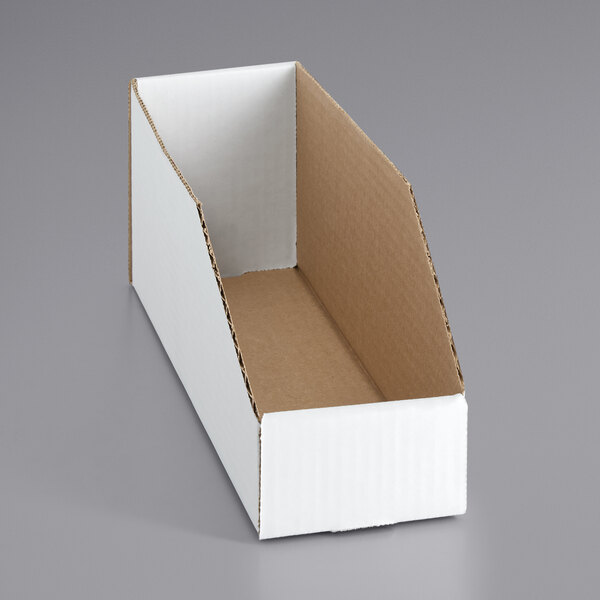 A white open top corrugated bin with a brown bottom and white lid.