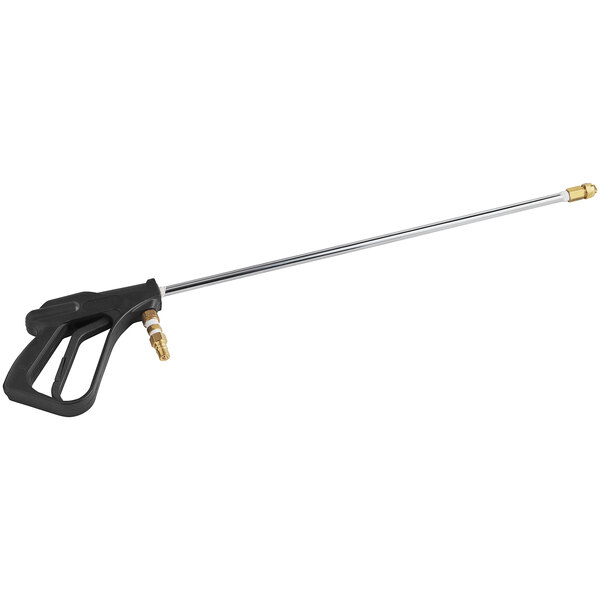 A black and silver Namco pressure gun with a long metal rod and a red handle.