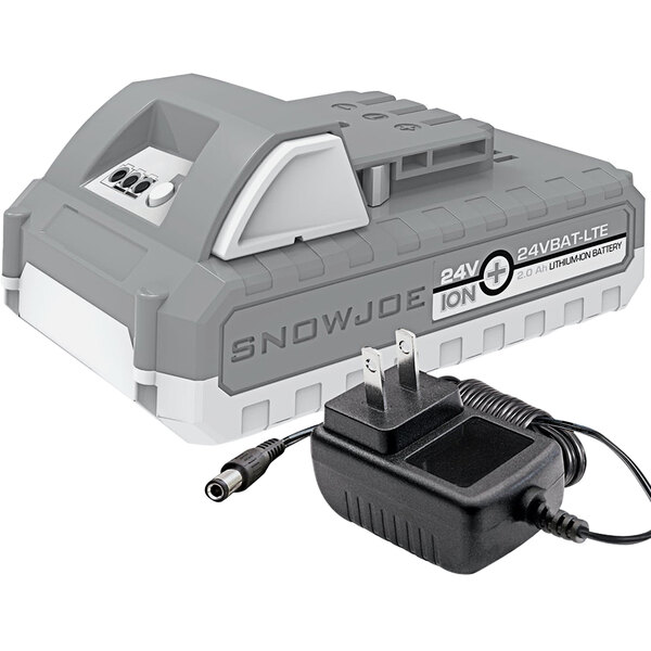 A grey and white Snow Joe 24V Lithium-ion battery with a power cord.
