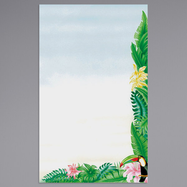 A white rectangular menu paper insert with a toucan and flowers on it.