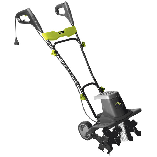 A Sun Joe electric tiller and cultivator with a green handle.