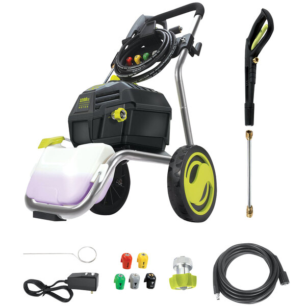 A black and yellow Sun Joe electric pressure washer with hoses.