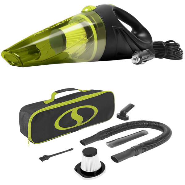 A black and green Auto Joe corded electric portable car vacuum cleaner with accessories and a storage bag.
