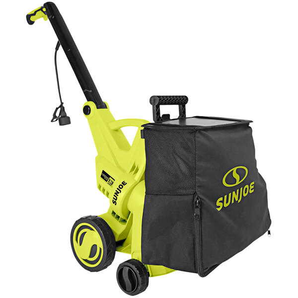 A yellow and black Sun Joe corded electric vacuum and mulcher with a black and yellow bag.