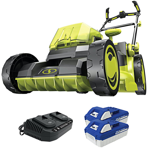 A green and black Sun Joe cordless lawn mower with batteries and a collection bag.