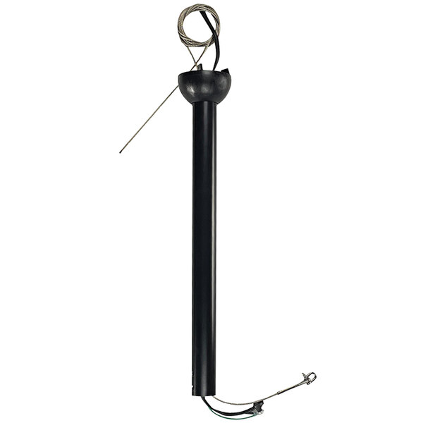 A black metal downrod with a hook on the end for Hunter Trak ceiling fans.