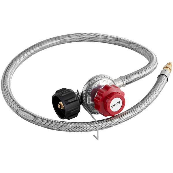 A Backyard Pro gas regulator with a red valve and hose.