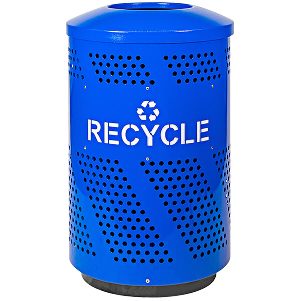 A blue steel Ex-Cell Kaiser recycling receptacle with white text that reads "Recycle" and holes in the top.