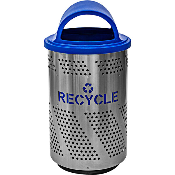 An Ex-Cell Kaiser stainless steel trash can with a blue hood and recycle symbol.