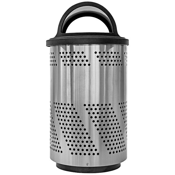 A silver stainless steel Ex-Cell Kaiser trash receptacle with a hooded lid.
