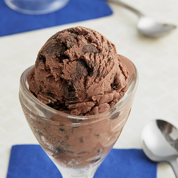 A scoop of chocolate ice cream topped with Double Chocolate Chip Cookie Dough.
