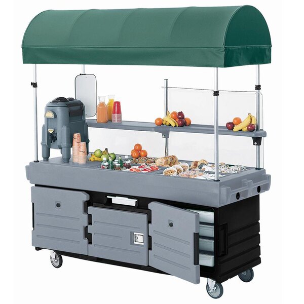 A black Cambro food vending cart with a granite gray door and a green canopy.