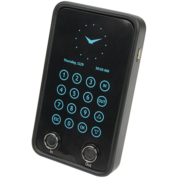 A black rectangular Royal TimePilot Vetro time clock with blue buttons.