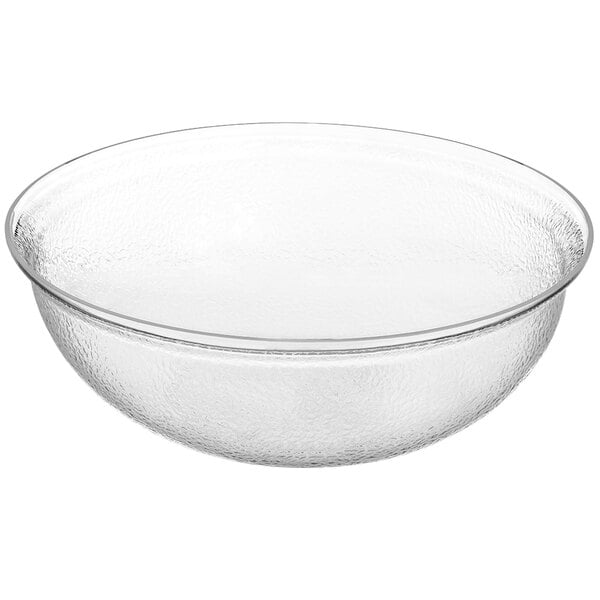 A clear acrylic bowl with a textured surface.