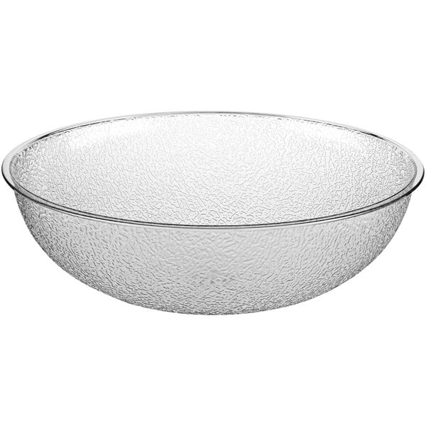 A clear pebbled polycarbonate bowl with a rim.