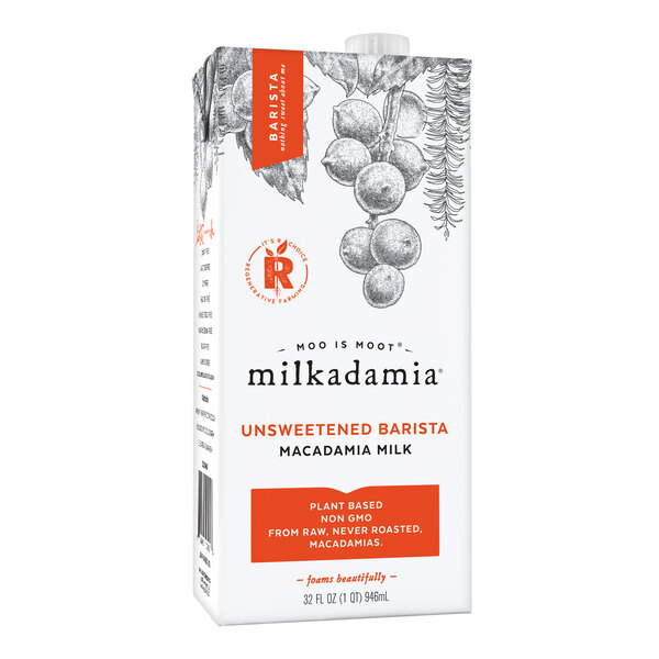 A white Milkadamia carton with graphic design.