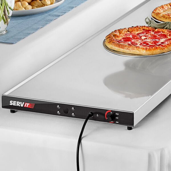 A ServIt heated shelf with a pizza on it.