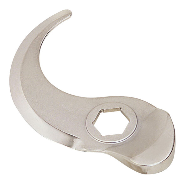 A silver Robot Coupe smooth edge blade with a nut on the end.