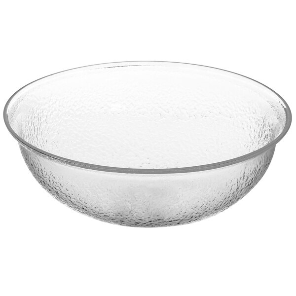 A clear pebbled acrylic bowl with a rim.