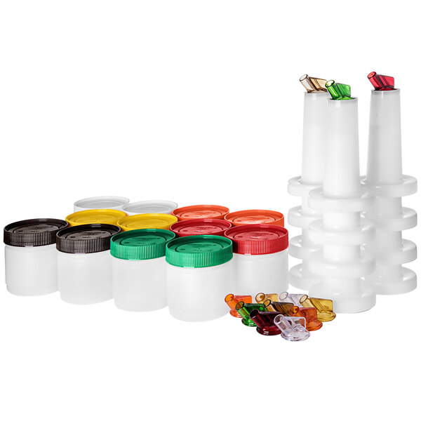 A stack of Carlisle plastic storage containers with white containers and different colored lids.