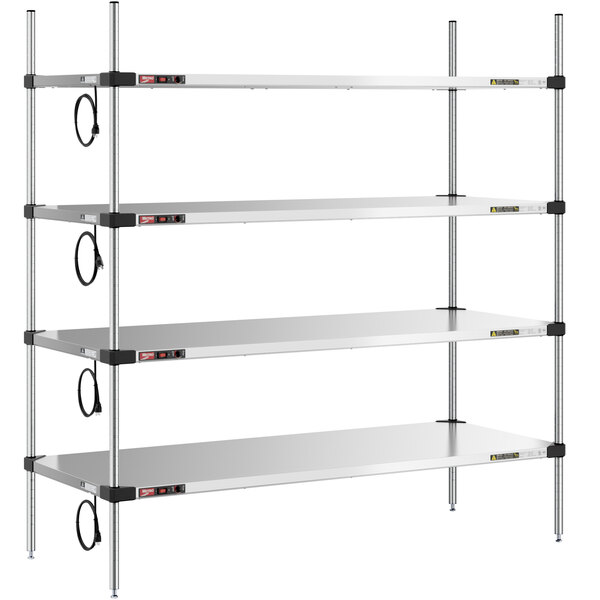 A Metro Super Erecta heated stainless steel shelving unit with four shelves.