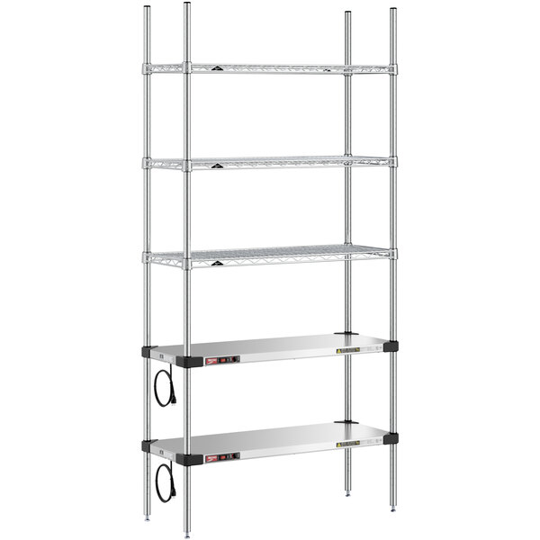 A Metro stainless steel shelving unit with heated and chrome shelves.