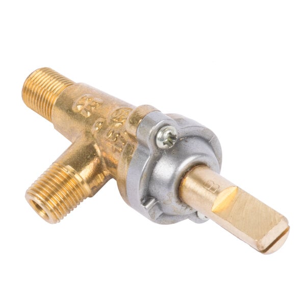 A brass Main Street Equipment gas valve with a gold handle.