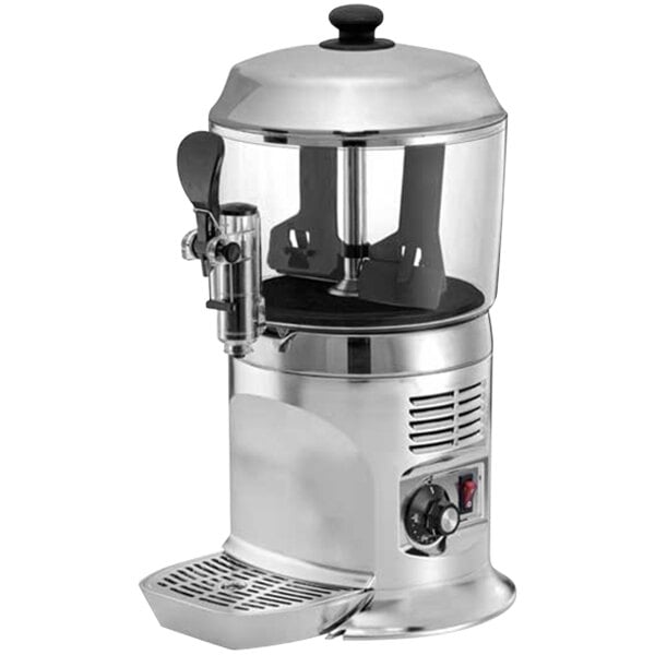 A silver and black Sephra hot chocolate dispenser with a stainless steel base.