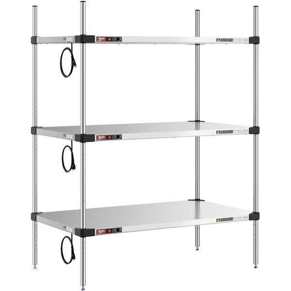 A Metro Super Erecta heated shelf with three stainless steel shelves.