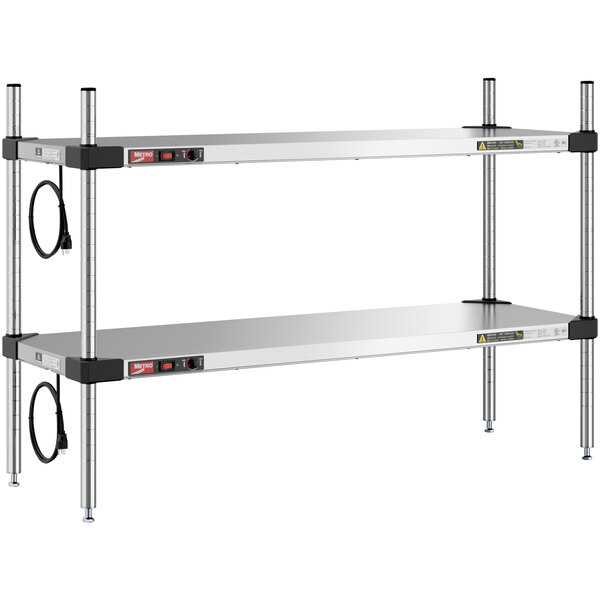 A Metro Super Erecta stainless steel heated countertop takeout station with two shelves.