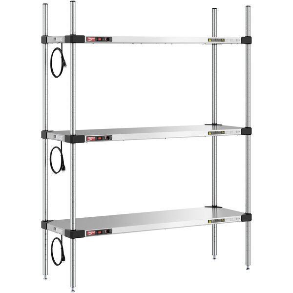 A Metro Super Erecta heated stainless steel takeout station with three shelves on wire racks.